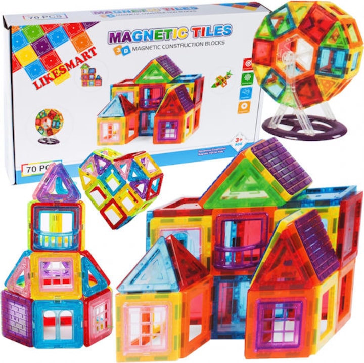 Jucarie constructie magnetica, 70 piese, copii 3 ani+, blocuri magnetice educative, dezvolta creativitatea, logica, motricitate, multicolor