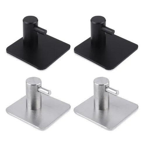 Set 4 cuiere de perete din otel inoxidabil, montaj fara gaurire, 2 negre + 2 argintii, rezistente la umiditate, pentru baie si hol