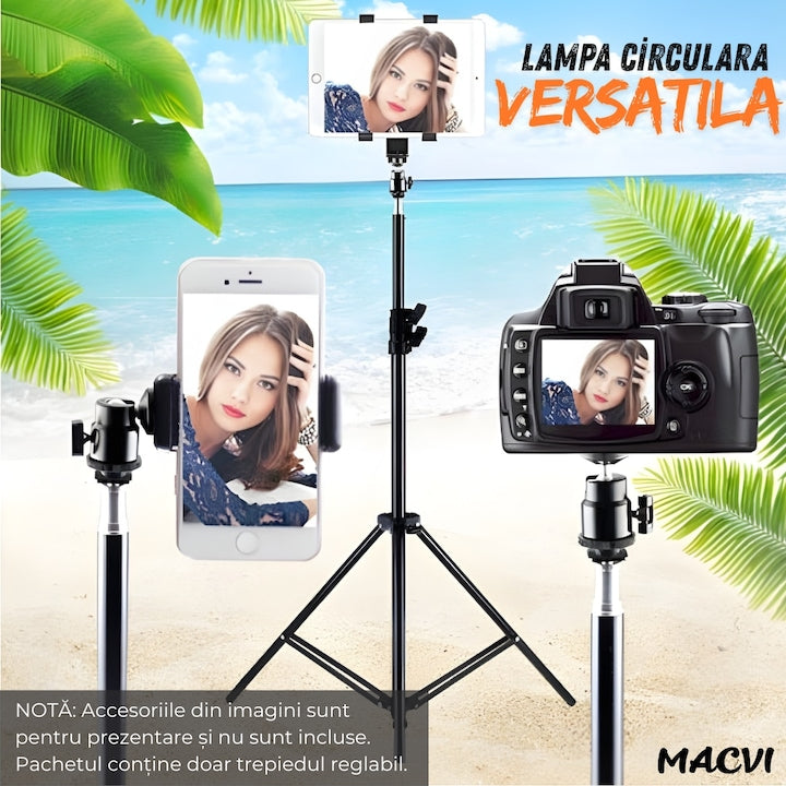 Trepied reglabil 2m pentru camera foto, video, telefon si lampa circulara, suport profesional din aluminiu, prindere 1/4", ideal pentru vlogging, fotografie si live streaming