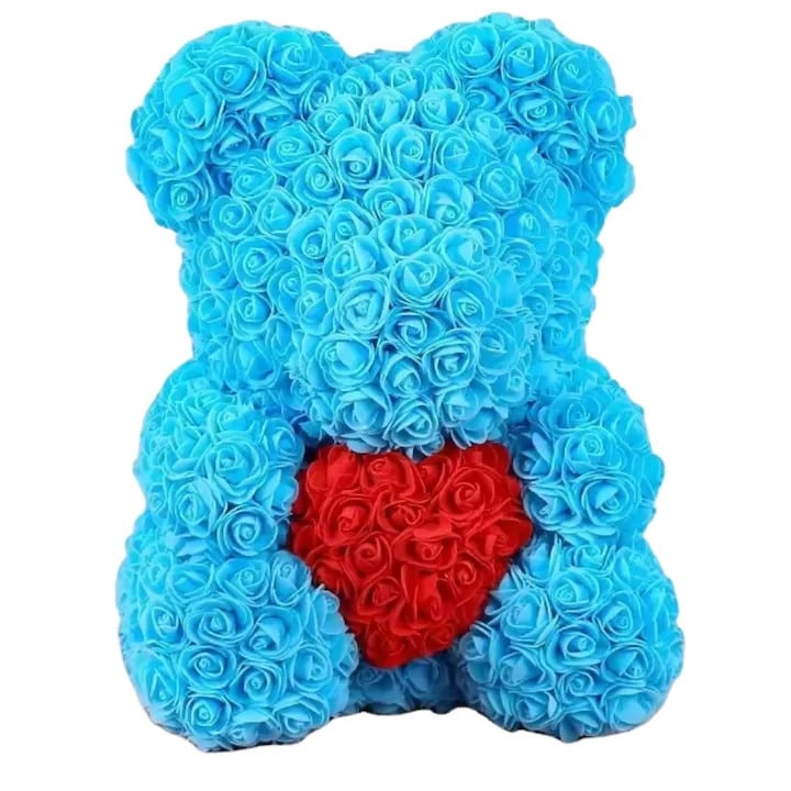 Ursulet Cu Inima Trandafiri Spuma, 24 cm, Cutie Cadou Inclusa, Albastru, Decor Romantic, Cadou Valentine Aniversare