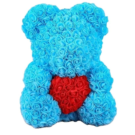Ursulet Cu Inima Trandafiri Spuma, 24 cm, Cutie Cadou Inclusa, Albastru, Decor Romantic, Cadou Valentine Aniversare