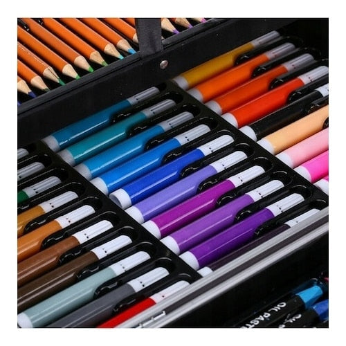 Set pentru pictura si desen, 145 piese, cutie metalica albastra, pentru copii, 38x26x4cm
