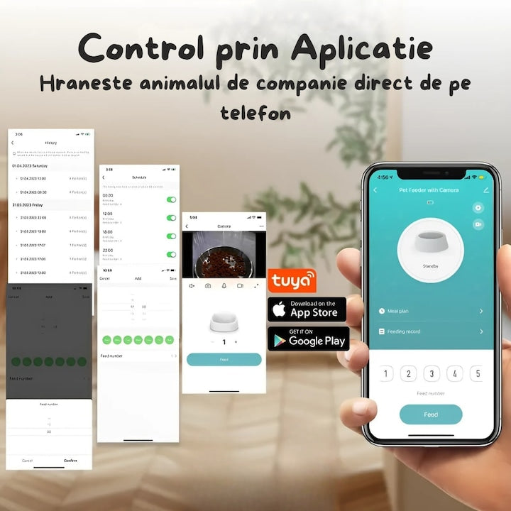 Dozator Automat Hrana Animale 6L cu Camera HD 1080P, Audio Bidirectional, Control din Telefon, WiFi 5G, Vas Inox, Programare Mese pentru Caini si Pisici