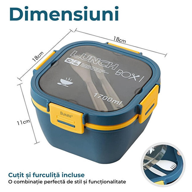 Caserola Alimentara 1.7L cu 4 Compartimente si Recipient Sos Lunch Box BPA Free