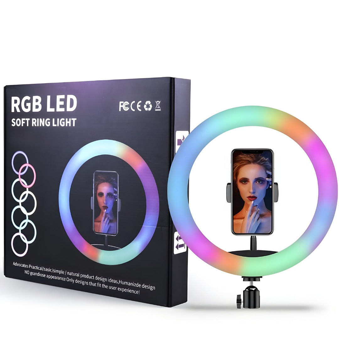 Lampa circulara RGB LED 26 cm, 20 moduri de lumina, cu suport de telefon, cablu de incarcare USB si telecomanda inclusa pe fir cu reglare a intensitatii