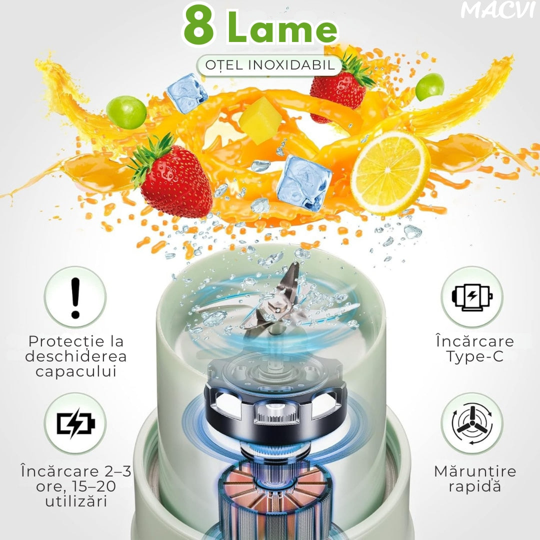 Storcator De Citrice Portabil din Plastic cu Acumulator, Blender Reincarcabil USB, 6 Lame din Otel Inoxidabil, BPA Free, Anti-scurgere, Capac cu Pai, Capacitate 420 ml, Smoothie-uri si Sucuri