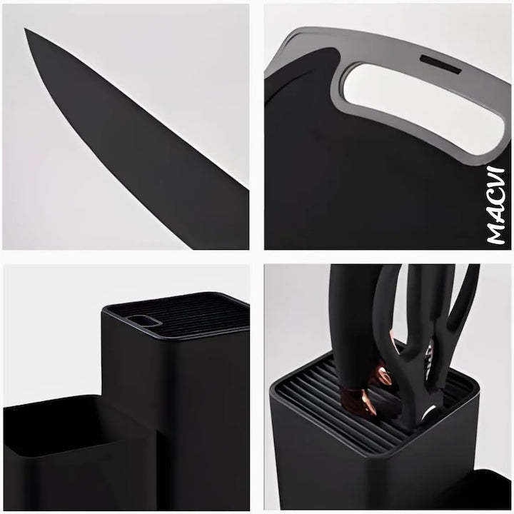 Set Ustensile Bucatarie 19 Piese Silicon Termorezistent si Bambus, Cutite Inox, Suport Organizator Compact, Design Negru Elegant