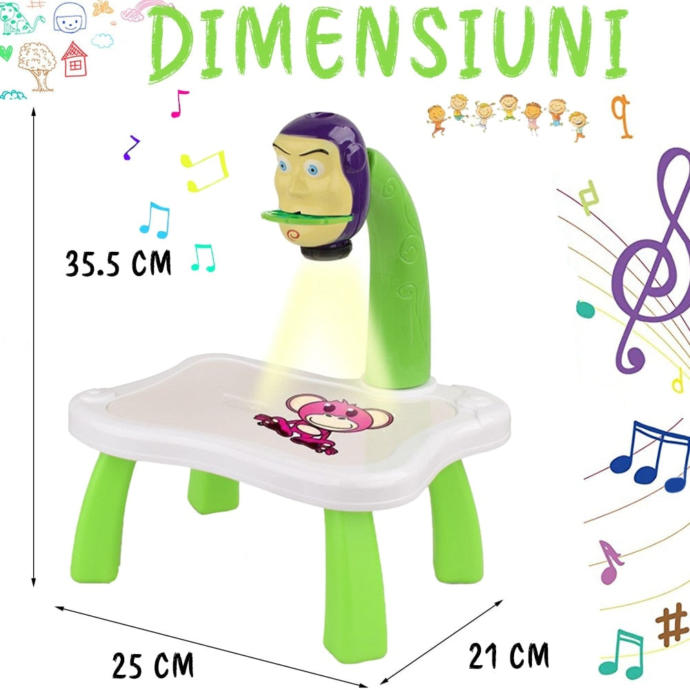 Jucarie educationala tip tabla cu proiector, hologram, 3 discuri, 24 sabloane, 12 carioci, masa de desen Toy Story, verde