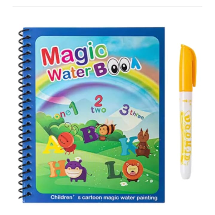 Carte de colorat reutilizabila Magic Book, 8 pagini interactive cu alfabet si cifre, cu pix cu apa, 3 ani+