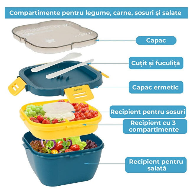 Caserola Alimentara 1.7L cu 4 Compartimente si Recipient Sos Lunch Box BPA Free