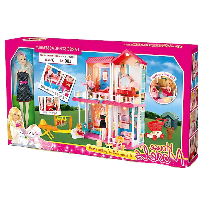 Casuta pentru papusi 180 piese, multicolora, usor de asamblat, stimuleaza creativitatea si coordonarea, recomandata copii 3+