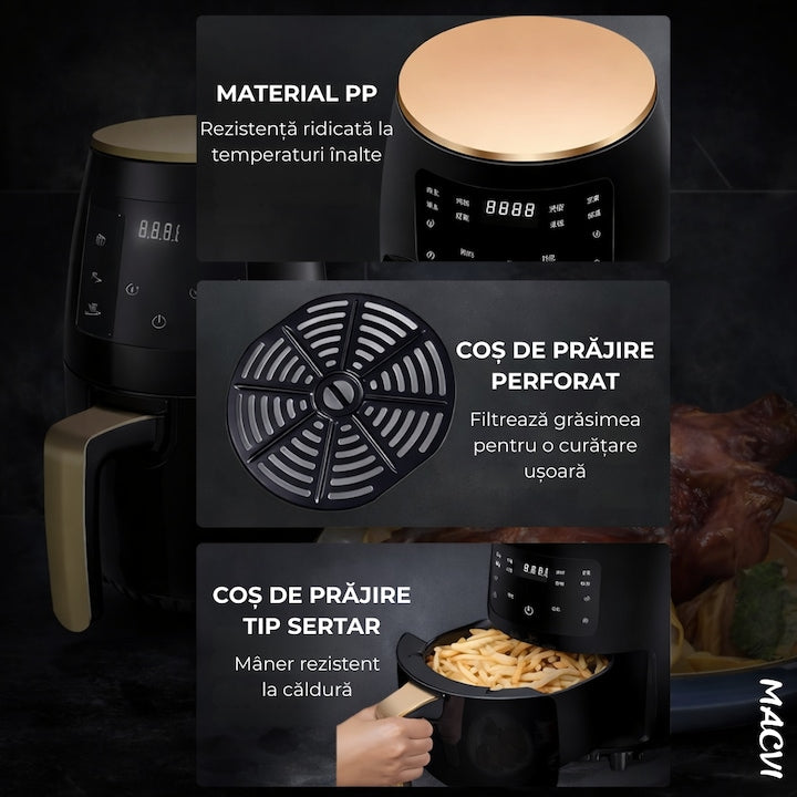 Friteuza cu Aer Cald, Air Fryer, Filtru de Aer Integrat, 6 Programe, Putere 2400W, Control Temperatura, Cronometru Reglabil, Capacitate 6L