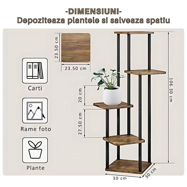Stand Flori Vertical 4 Etajere Metal si Lemn 106.3 cm Suport Ghivece Balcon Terasa