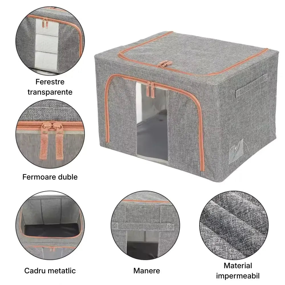Organizator depozitare 100 litri, cutie textila pliabila cu capac si fermoar, panou transparent pentru vizualizare si cadru metalic robust, ideala pentru haine voluminoase si depozitare