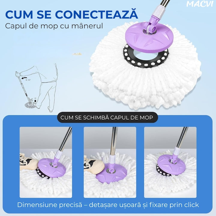 Set Mop Rotativ, Galeata, Dubla Actiune, Capat Microfibra, Sistem Stoarcere, Inaltime Ajustabila, Alb/Gri