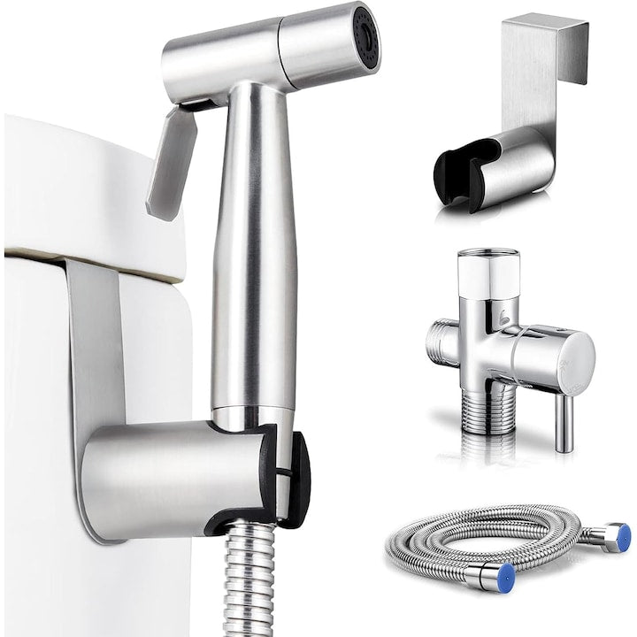 Set de Dus Igiena Intima cu Baterie Bideu, Para Dus, Furtun 1.2 m, Otel Inoxidabil, Argintiu
