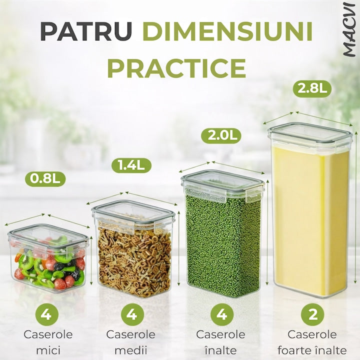 Set 14 organizatoare/recipiente pentru depozitare alimentara, etanse, design minimalist, fara BPA, stocabile, cu etichete si lingurite incluse