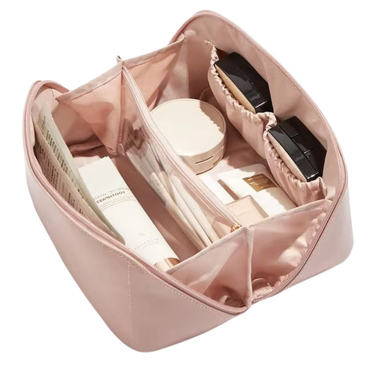 Geanta pentru cosmetice de calatorie, din piele rezistenta la apa, cu maner si compartiment spatios, 24x11.5x11.5 cm, ideala pentru femei, roz
