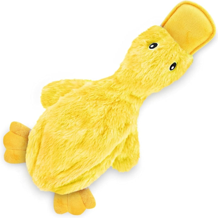Jucarie interactiva caini, rata colorata, 38 x 23 cm, squeaky, anti stres, plus rezistent, pentru joaca si ros, galben