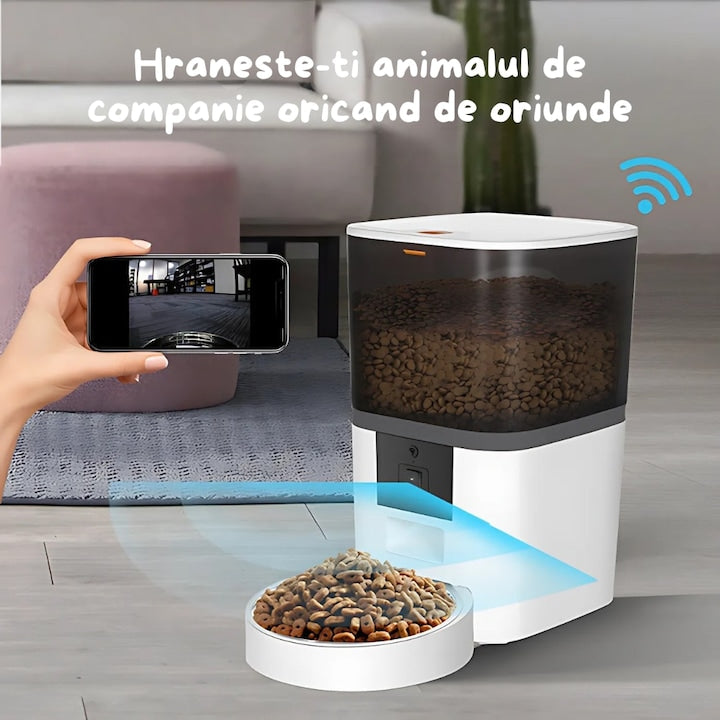 Dozator Automat Hrana Animale 6L cu Camera HD 1080P, Audio Bidirectional, Control din Telefon, WiFi 5G, Vas Inox, Programare Mese pentru Caini si Pisici