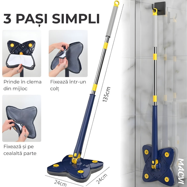 Mop cu Cap Stea 360° Telescopic Curatare Usoara, 2 lavete Microfibra, Lungime 123 cm, Albastru/Galben