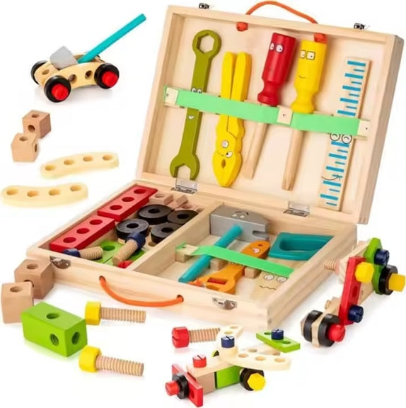 Trusa Unelte din Lemn Montessori pentru Copii, Joc Educativ de Bricolaj si Asamblare 3 +