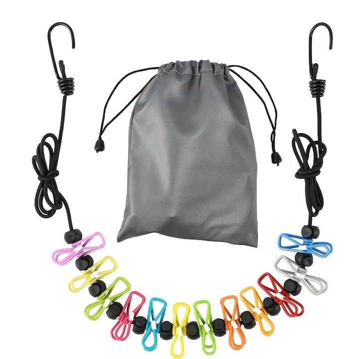 Coardă de rufe retractabilă portabilă 3,5 m, 12 clipsuri, cârlige, negru