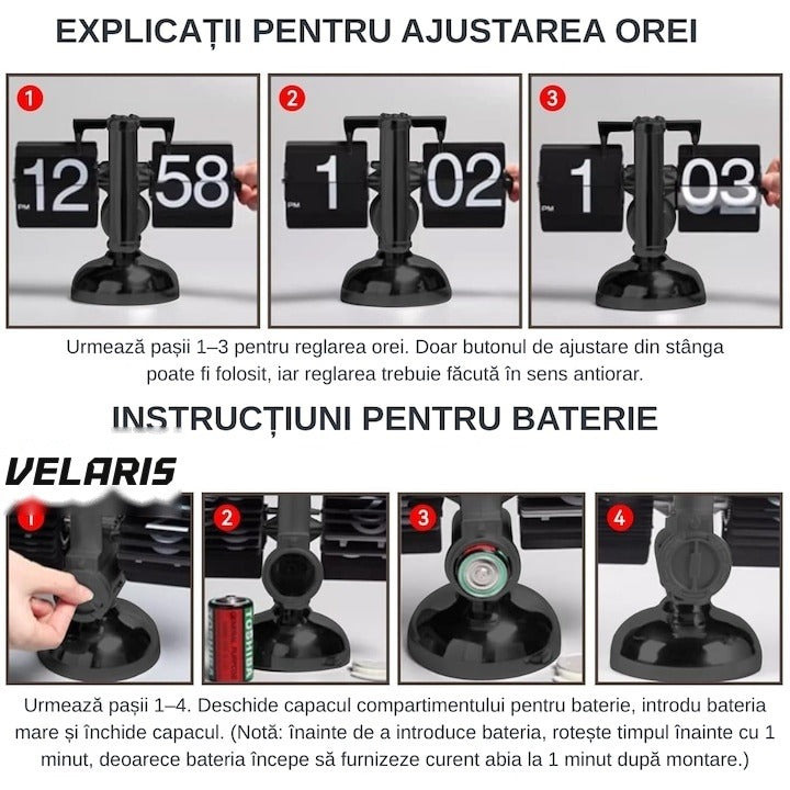 Ceas flip retro, cifre mari, oțel inoxidabil, alimentat cu baterii, design vintage, negru