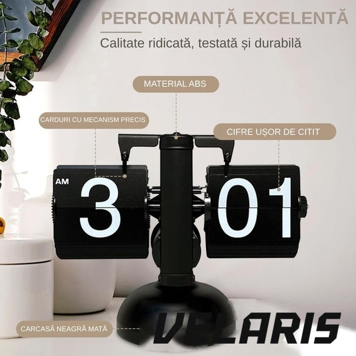 Ceas flip retro, cifre mari, oțel inoxidabil, alimentat cu baterii, design vintage, negru
