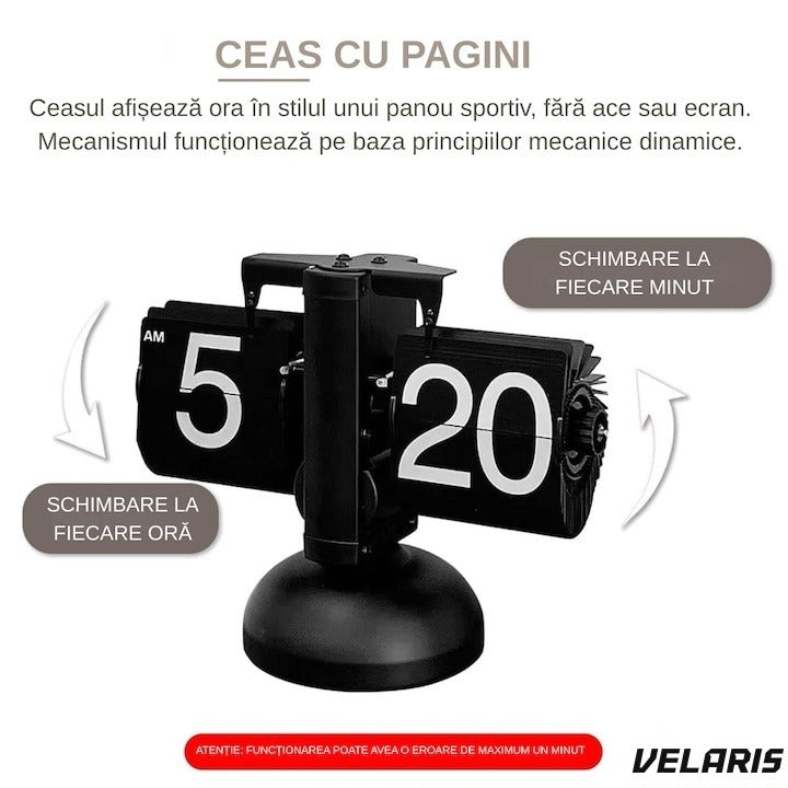 Ceas flip retro, cifre mari, oțel inoxidabil, alimentat cu baterii, design vintage, negru