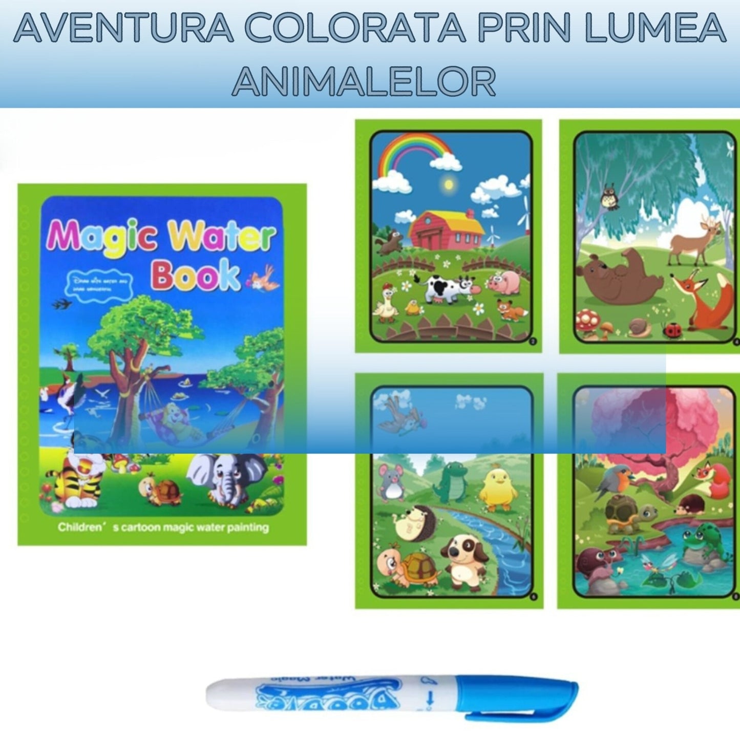 Carte de colorat reutilizabilă Magic Book, 8 pagini, temă animale, pentru copii 3+ ani
