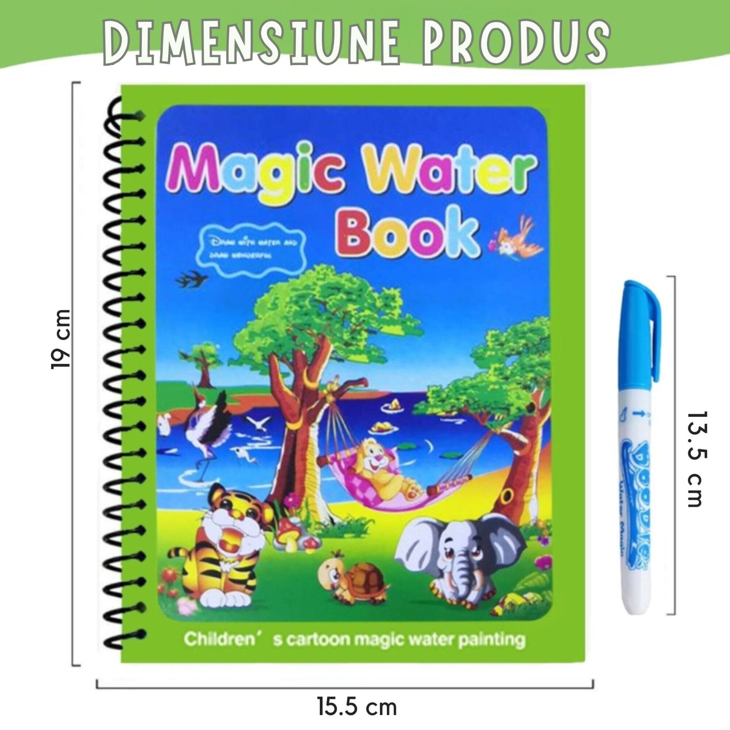 Carte de colorat reutilizabilă Magic Book, 8 pagini, temă animale, pentru copii 3+ ani