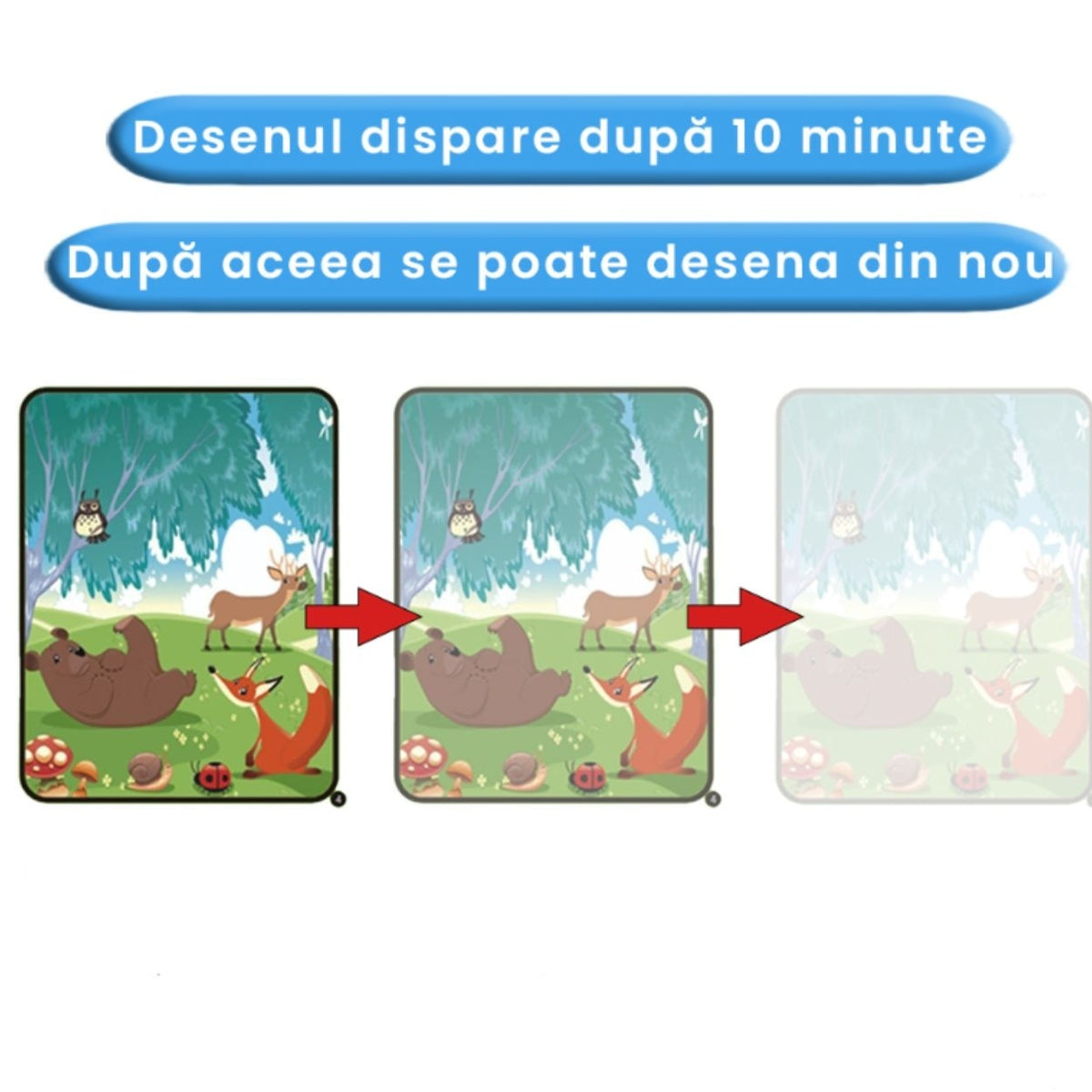Carte de colorat reutilizabilă Magic Book, 8 pagini, temă animale, pentru copii 3+ ani