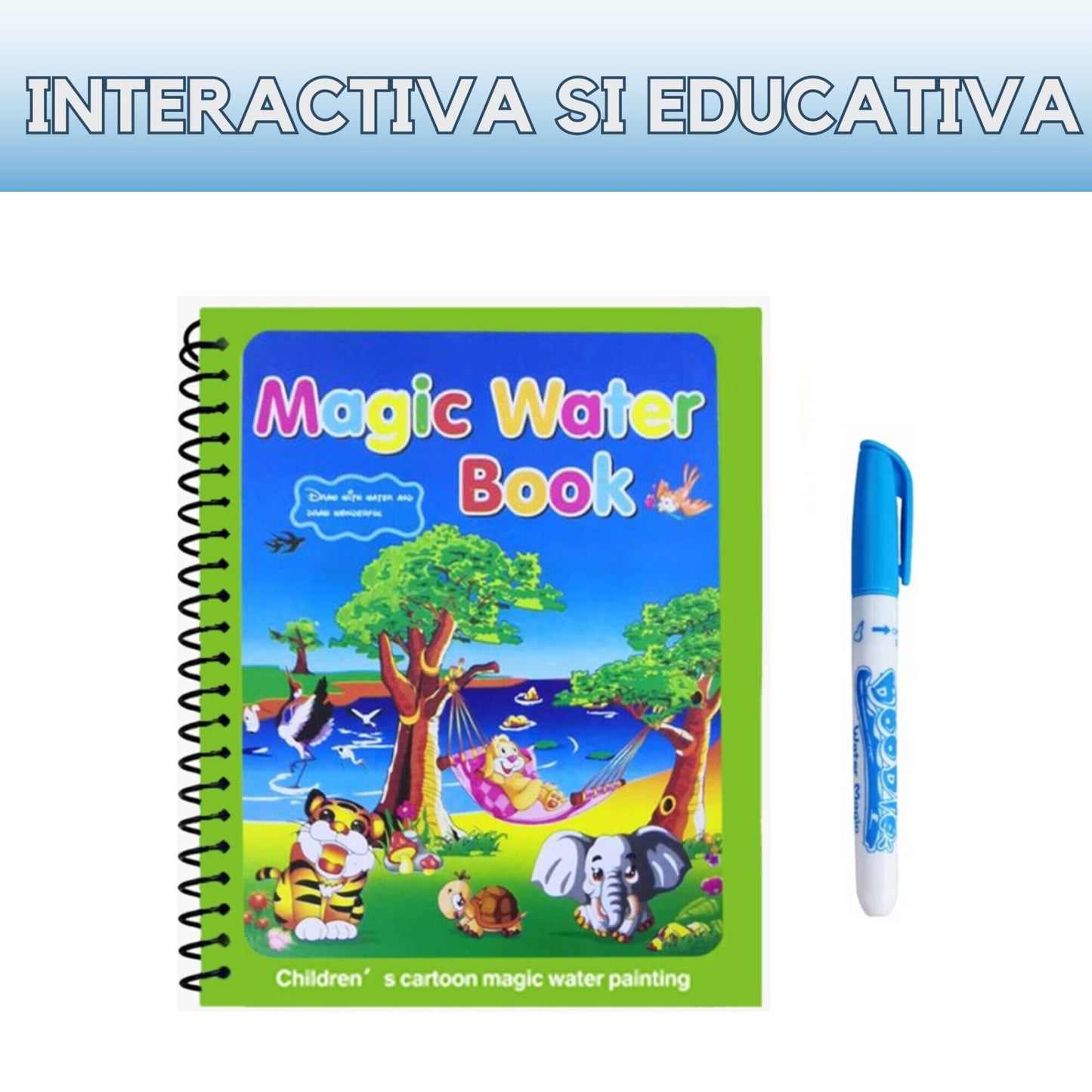 Carte de colorat reutilizabilă Magic Book, 8 pagini, temă animale, pentru copii 3+ ani