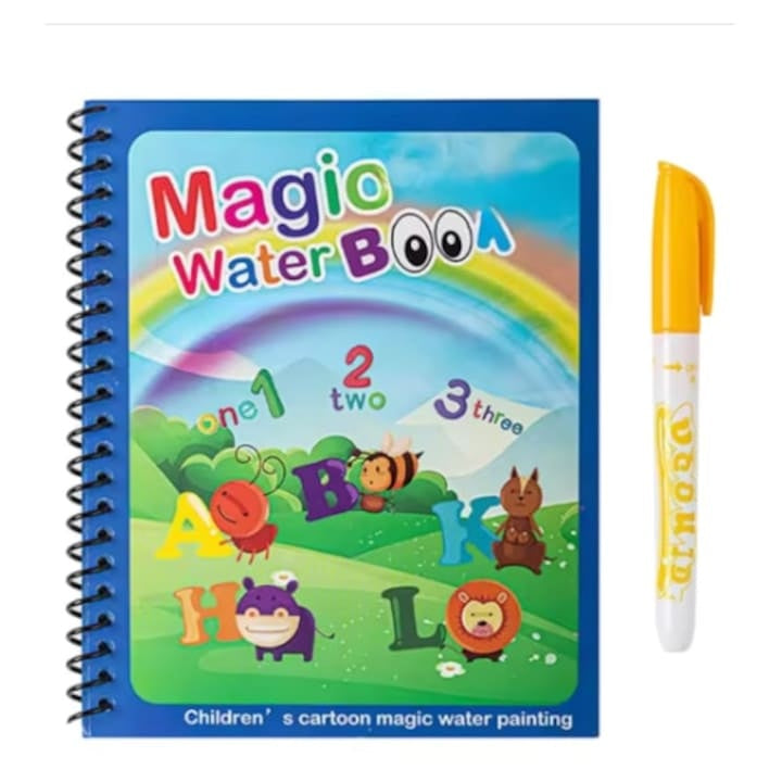 Carte de colorat cu apă reutilizabilă Magic Book, 8 pagini interactive, alfabet și numere, 3+ ani