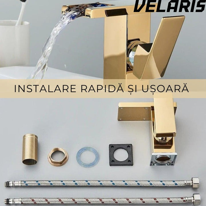 Robinet baie LED tip cascada Auriu, premium jet RGB cu iluminare in functie de temperatura constructie din alama