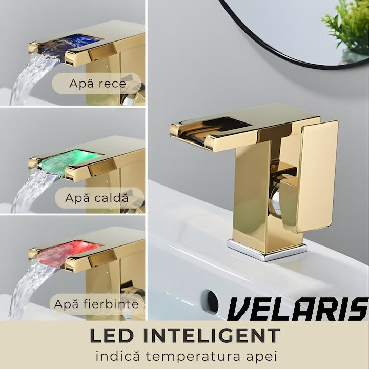 Robinet baie LED tip cascada Auriu, premium jet RGB cu iluminare in functie de temperatura constructie din alama