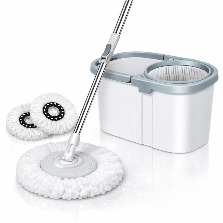 Set mop rotativ cu găleată, dublu sens, cap microfibră, sistem stoarcere, înălțime reglabilă, alb/gri