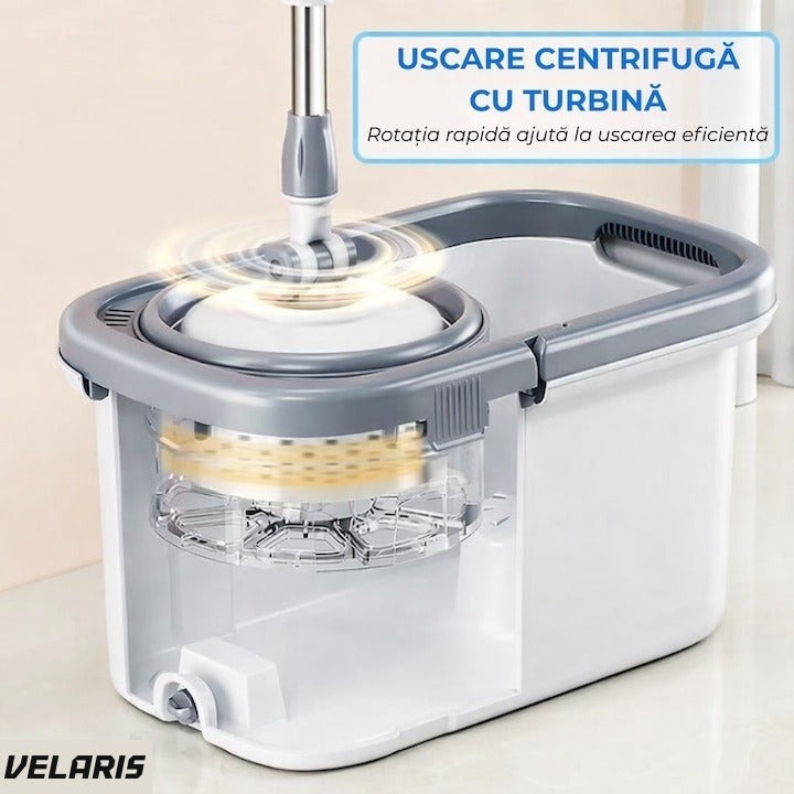 Set mop rotativ cu găleată, dublu sens, cap microfibră, sistem stoarcere, înălțime reglabilă, alb/gri
