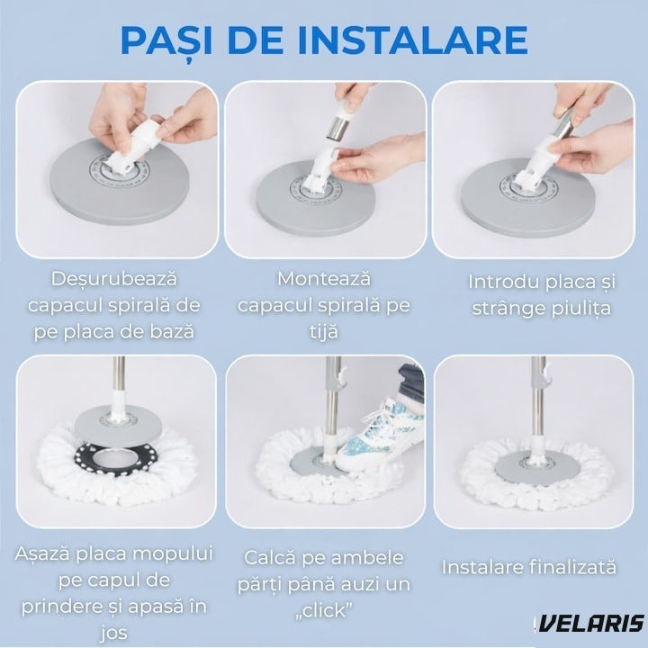 Set mop rotativ cu găleată, dublu sens, cap microfibră, sistem stoarcere, înălțime reglabilă, alb/gri