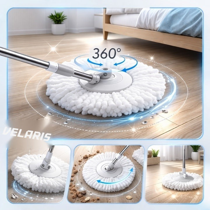 Set mop rotativ cu găleată, dublu sens, cap microfibră, sistem stoarcere, înălțime reglabilă, alb/gri
