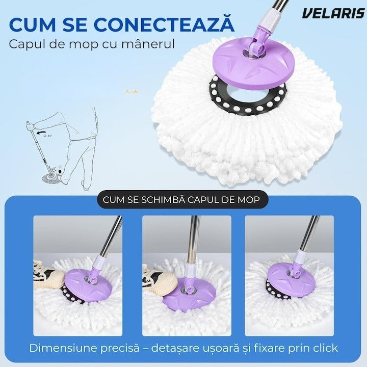 Set mop rotativ cu găleată, dublu sens, cap microfibră, sistem stoarcere, înălțime reglabilă, alb/gri