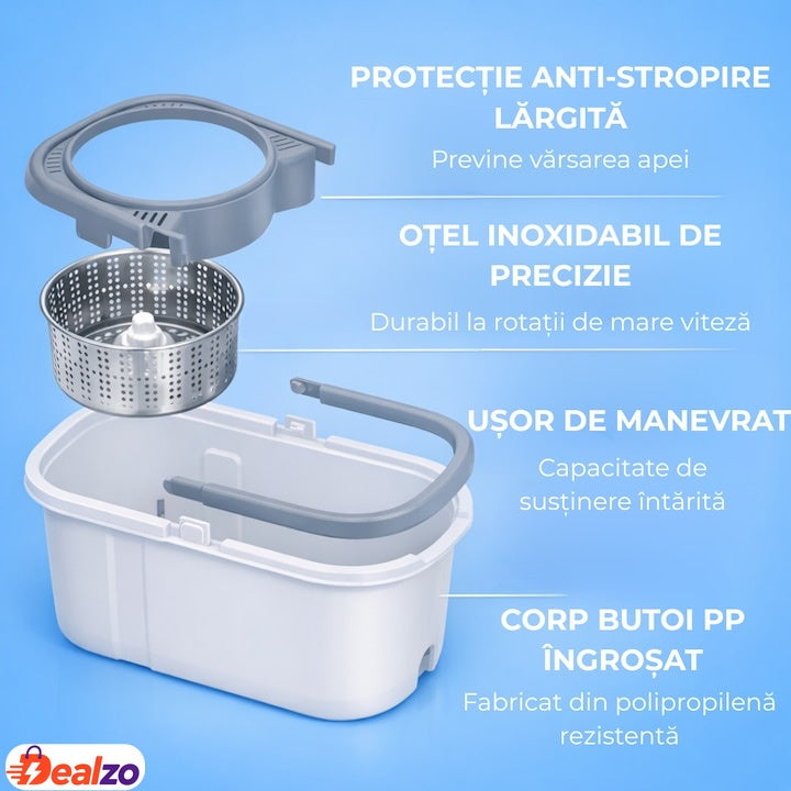 Set mop rotativ cu găleată, dublu sens, cap microfibră, sistem stoarcere, înălțime reglabilă, alb/gri