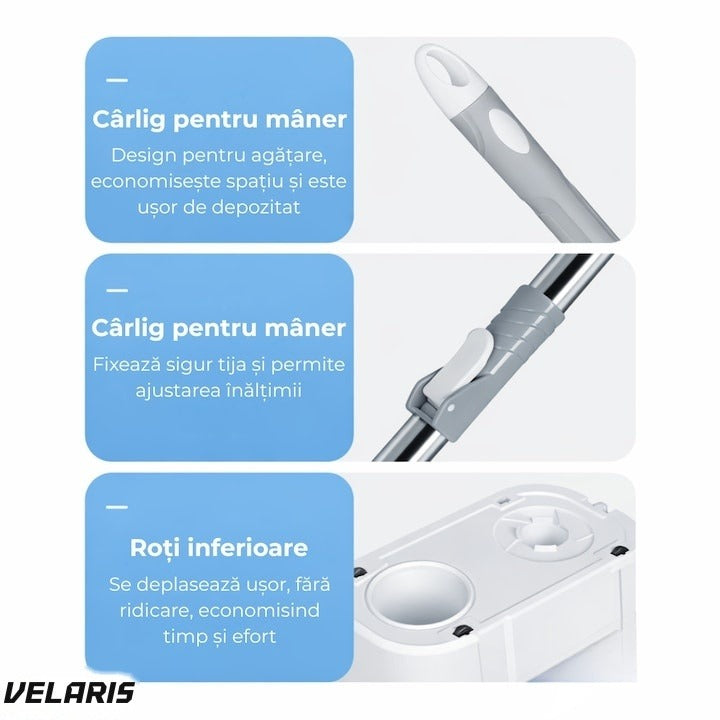Set mop rotativ cu găleată, dublu sens, cap microfibră, sistem stoarcere, înălțime reglabilă, alb/gri