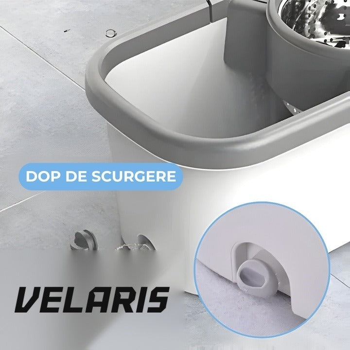 Set mop rotativ cu găleată, dublu sens, cap microfibră, sistem stoarcere, înălțime reglabilă, alb/gri