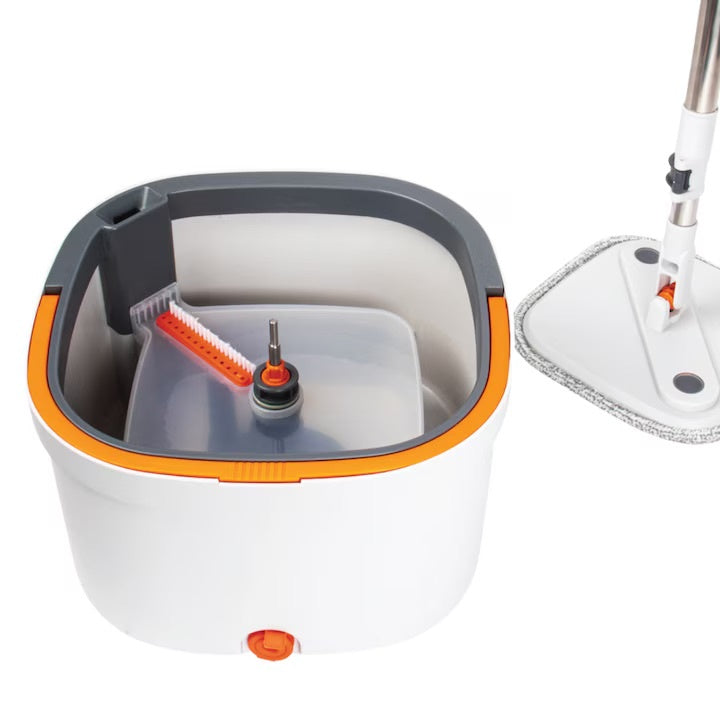 Mop rotativ cu găleată, 2 lavete microfibră, funcție de autocurățare, rotire 360°, stors automat, gri deschis