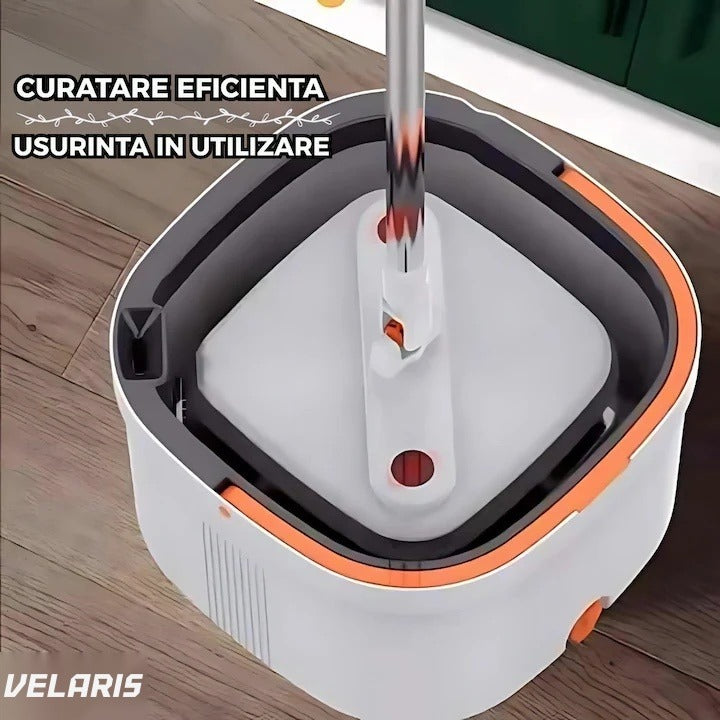 Mop rotativ cu găleată, 2 lavete microfibră, funcție de autocurățare, rotire 360°, stors automat, gri deschis
