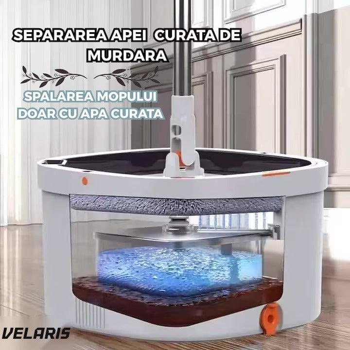 Mop rotativ cu găleată, 2 lavete microfibră, funcție de autocurățare, rotire 360°, stors automat, gri deschis