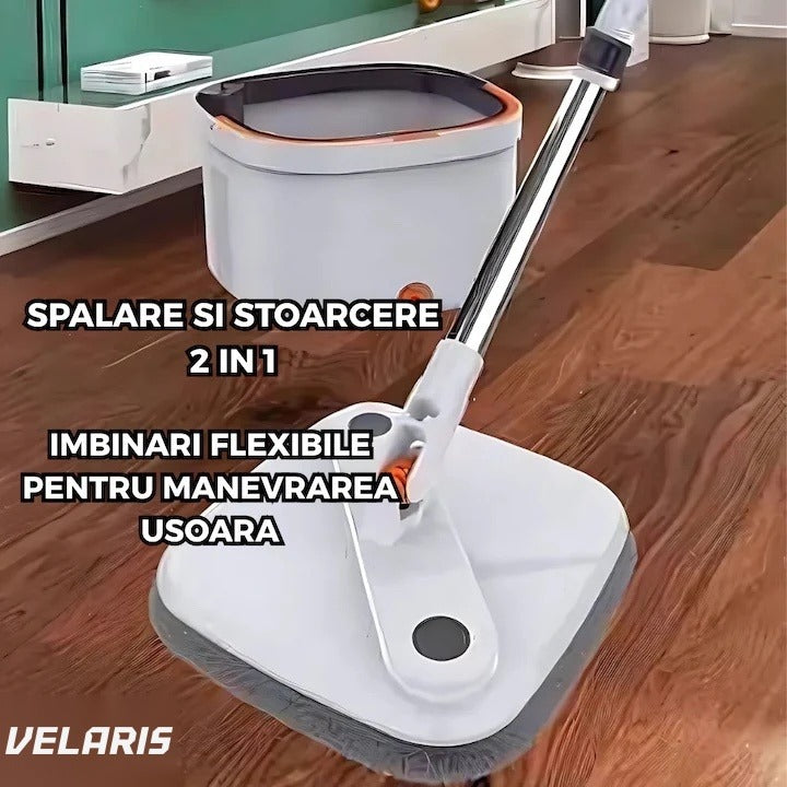 Mop rotativ cu găleată, 2 lavete microfibră, funcție de autocurățare, rotire 360°, stors automat, gri deschis