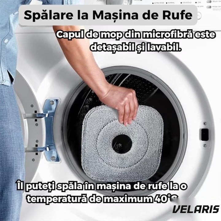 Mop rotativ cu găleată, 2 lavete microfibră, funcție de autocurățare, rotire 360°, stors automat, gri deschis